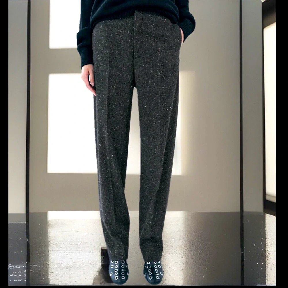 Zara Basic Side Pockets W/Front Zip, Button, & Metallic Hook Wool Grey Trousers